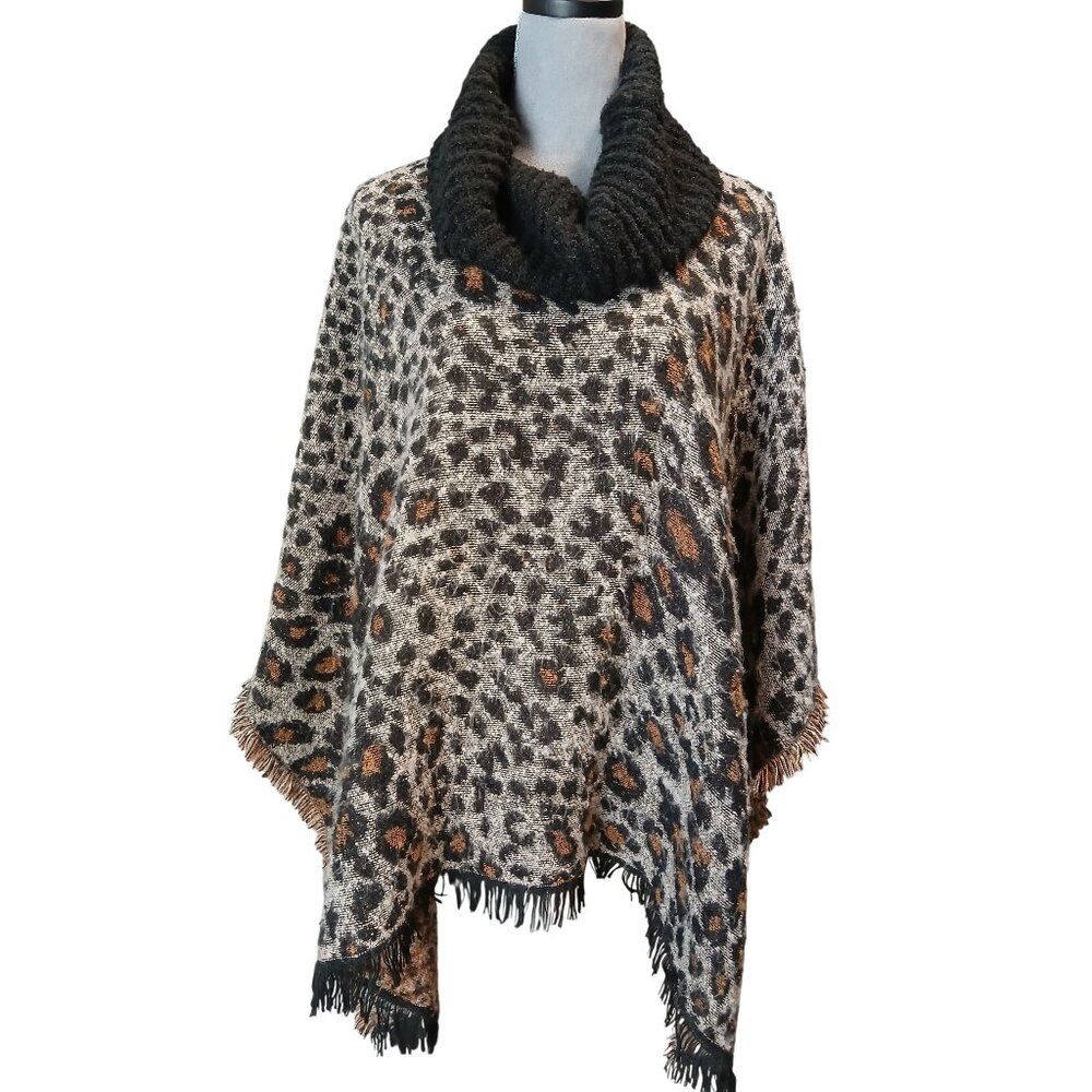 Leopard Print Sweater Poncho Ribbed Cowl Neck Fringe Edges Womens Small/Medium